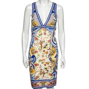 ROBERTO CAVALLI Multicolor Printed Crepe Floral Botanical Plunging Neckline - 8